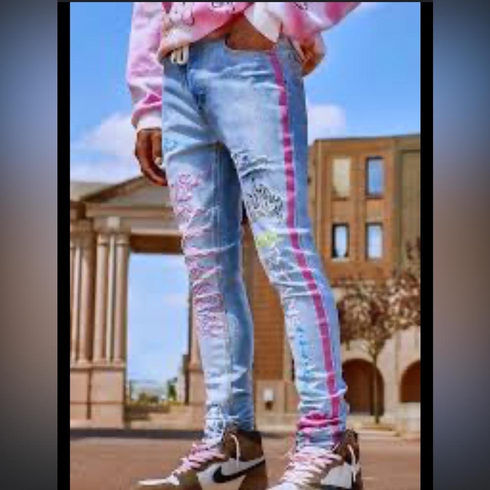 Boohoo SUPER SKINNY JEANS GRAFFITI PRINT SZ 34 mens jeans  #724
